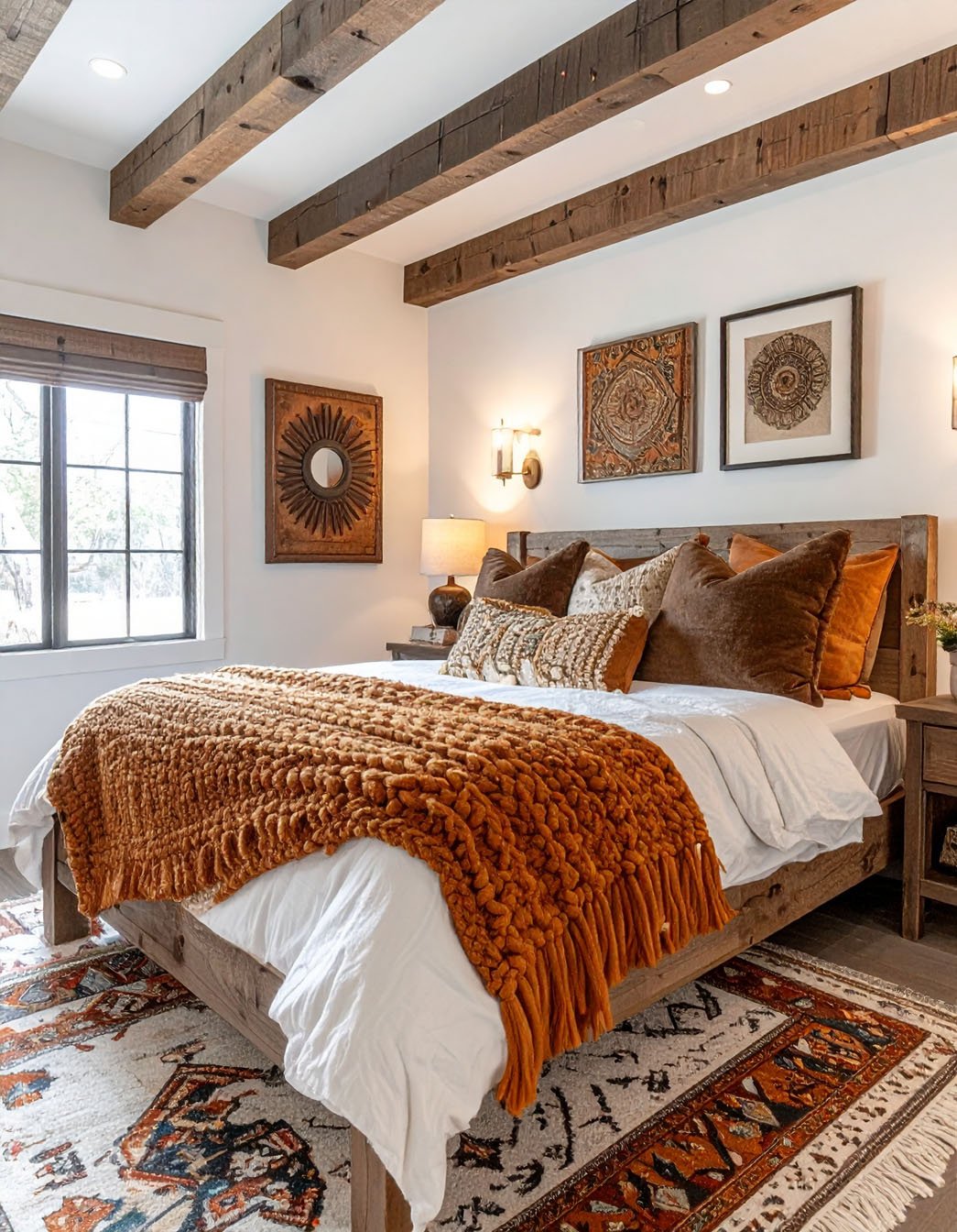 Lit avec plaid en tricot orange, coussins assortis et plateau petit-déjeuner avec citrouilles