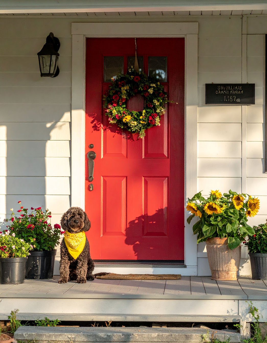 Porte d'entrée rouge vif avec couronne florale, chien assis devant, pots de tournesols