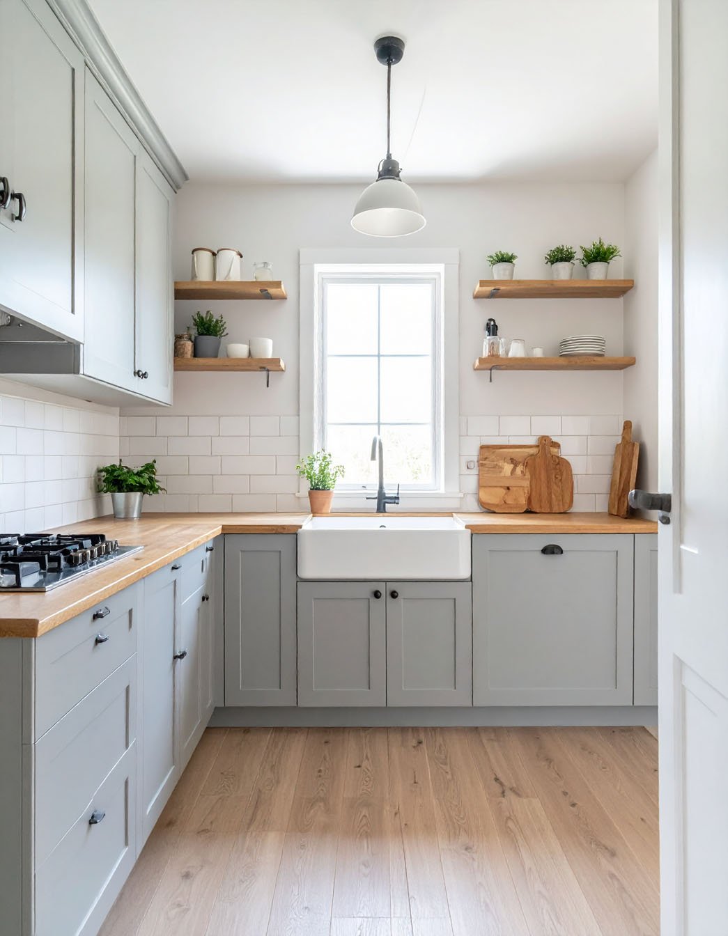 Cuisine en U avec meubles bas gris clair, plans de travail en bois et évier timbre d'office