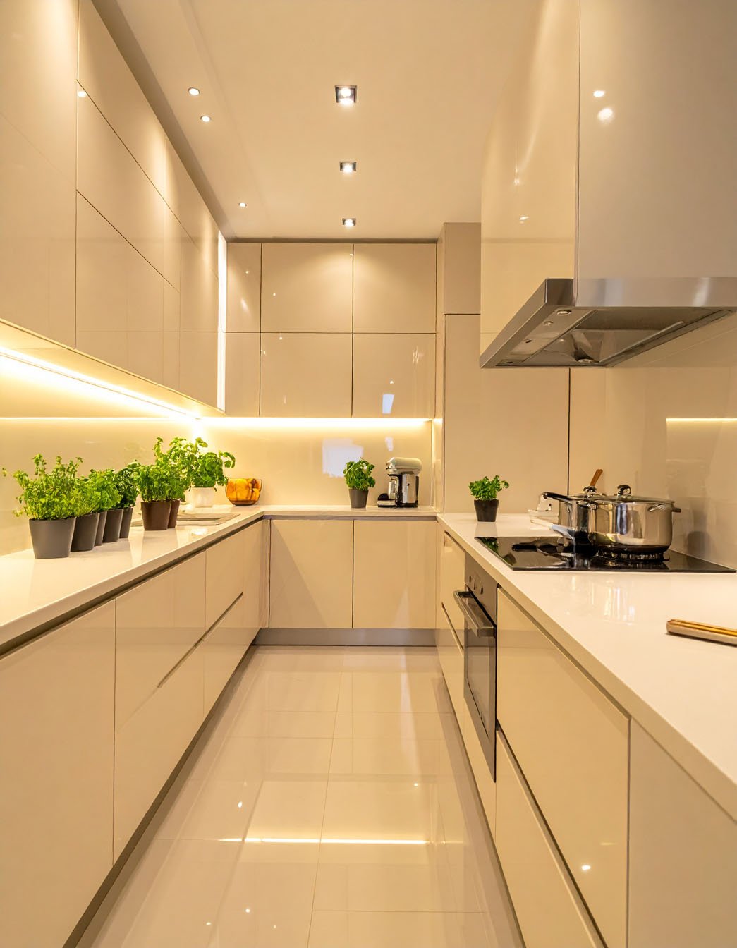 Cuisine en U moderne avec meubles beige laqué, plans de travail blancs et herbes en pots