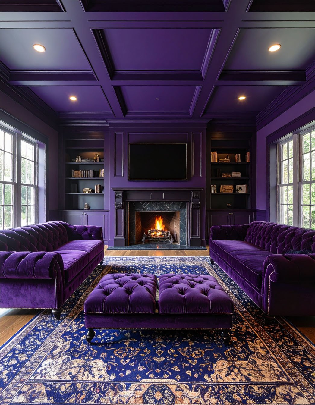 Salon opulent avec murs et canapés en velours violet, et grand lustre en cristal