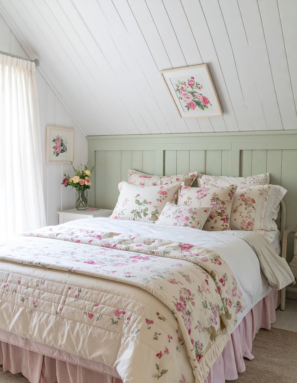 Chambre avec lit en fer forgé blanc, parure à motifs de roses roses et mur bleu pastel