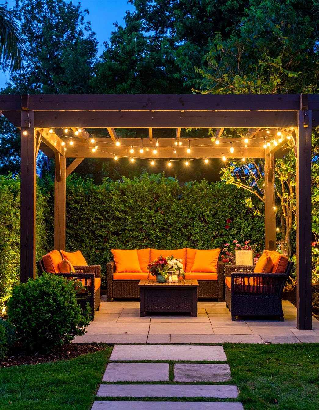 Pergola de jardin illuminée par des guirlandes, avec salon de jardin aux coussins orange
