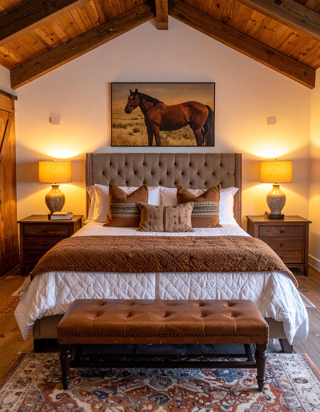 Chambre rustique avec lit en bois, tête de lit marron, peaux de mouton et guirlande lumineuse