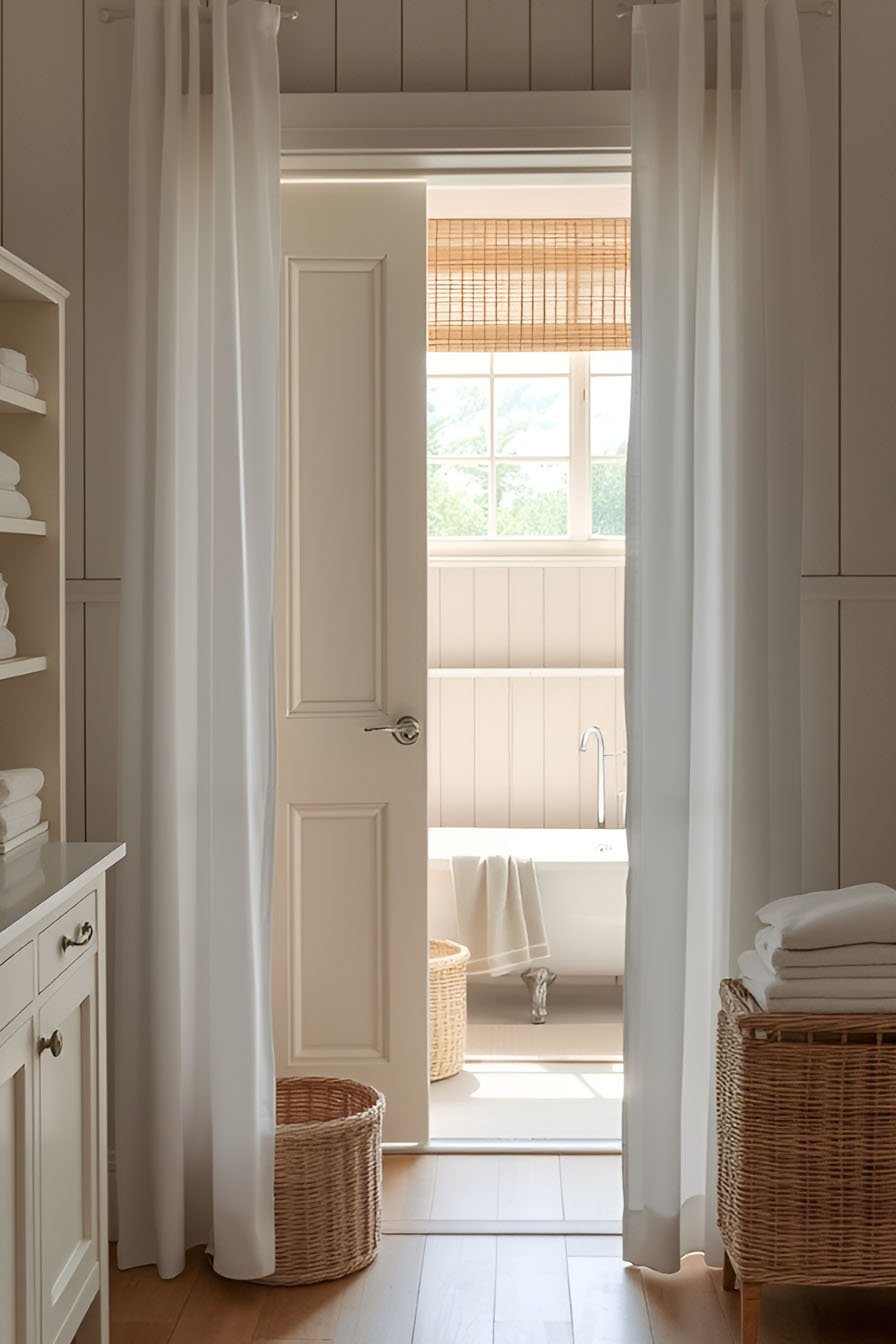 Vue d'une salle de bain avec baignoire à travers des rideaux blancs et une porte ouverte