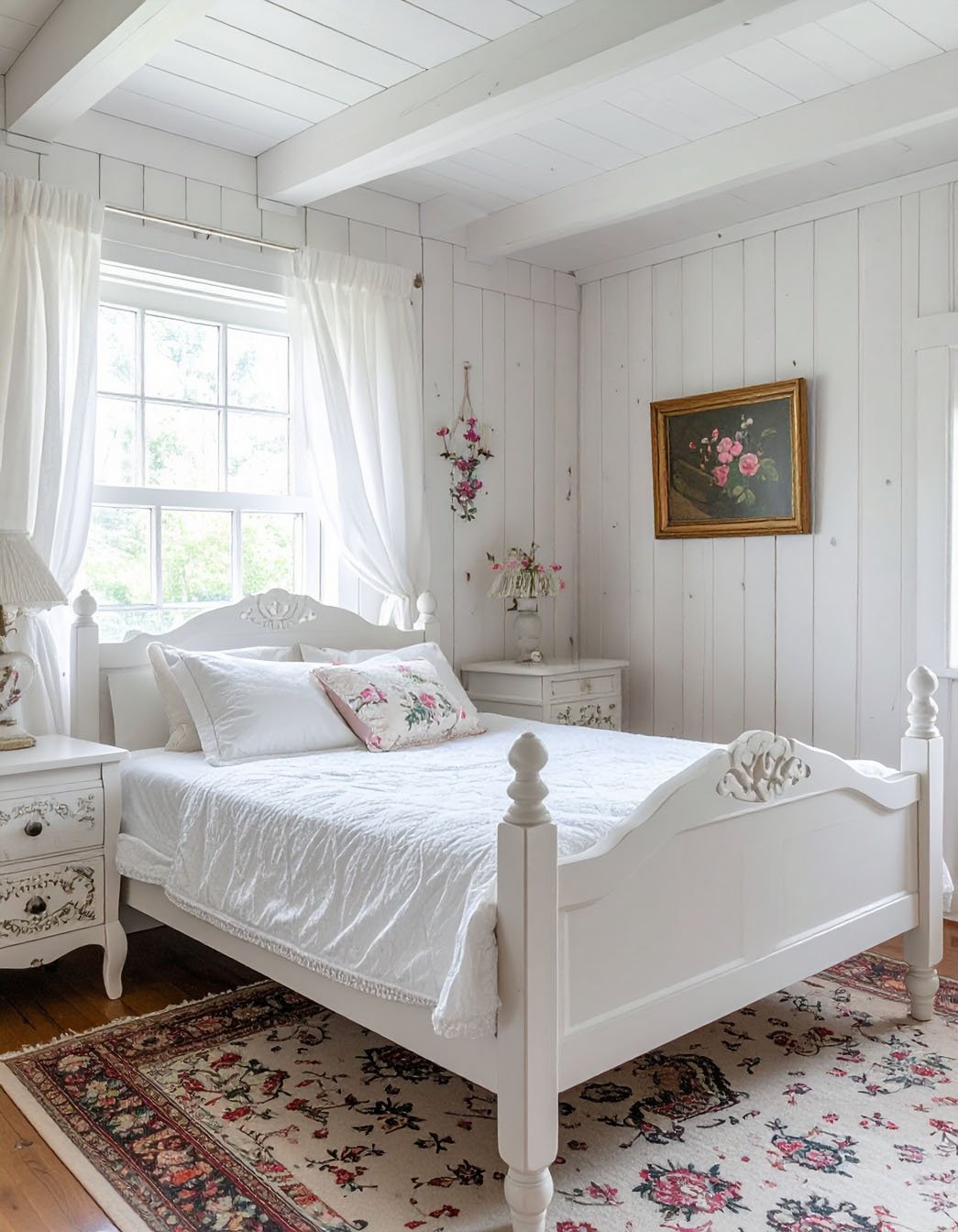 Chambre de style shabby chic avec lit blanc sculpté, murs en lambris blanc et tapis fleuri