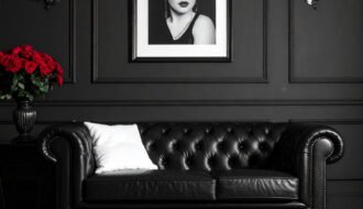 Salon avec murs gris, canapé Chesterfield en cuir noir et tapis à motifs graphiques