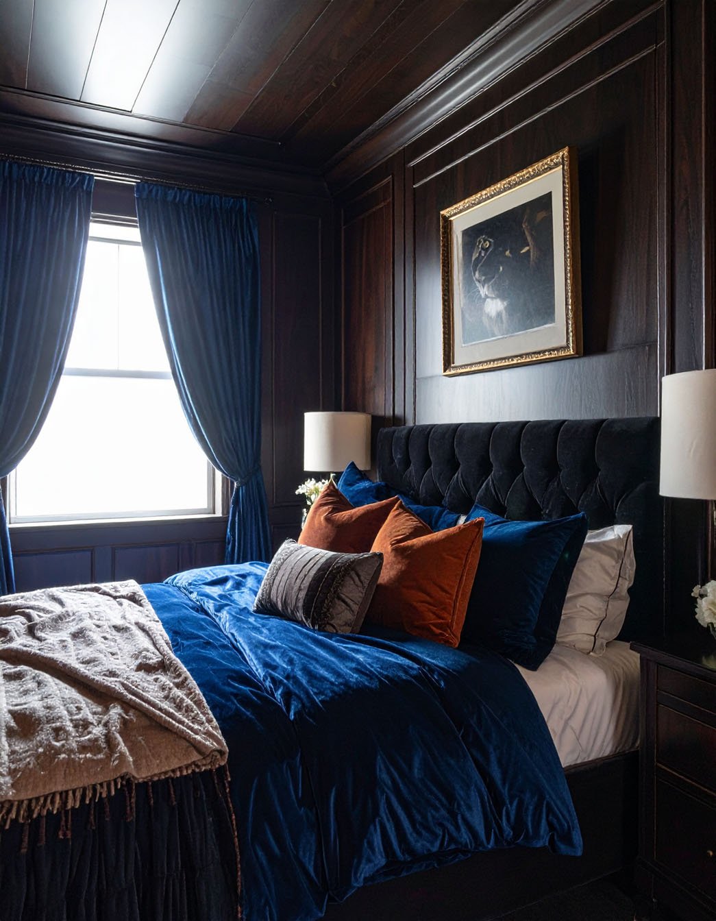 Chambre avec mur bleu marine, lit en bois foncé, parure à motifs et tapis ethnique