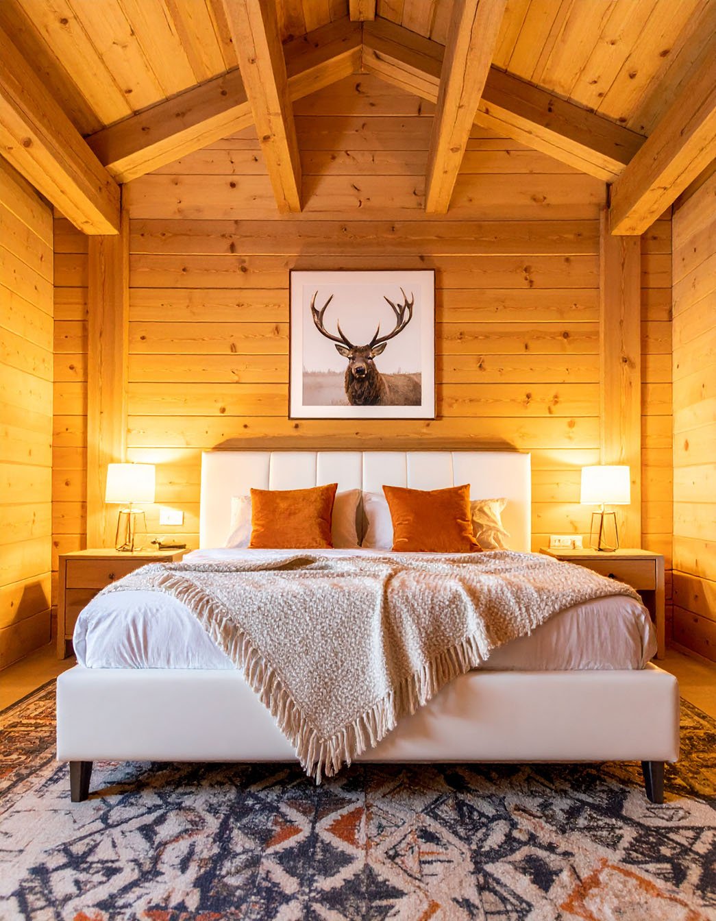 Chambre de chalet entièrement lambrissée en bois de pin, avec lit et tapis à motifs