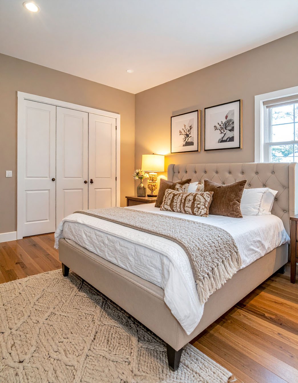 Chambre avec murs beiges, lit avec tête de lit capitonnée et tapis texturé