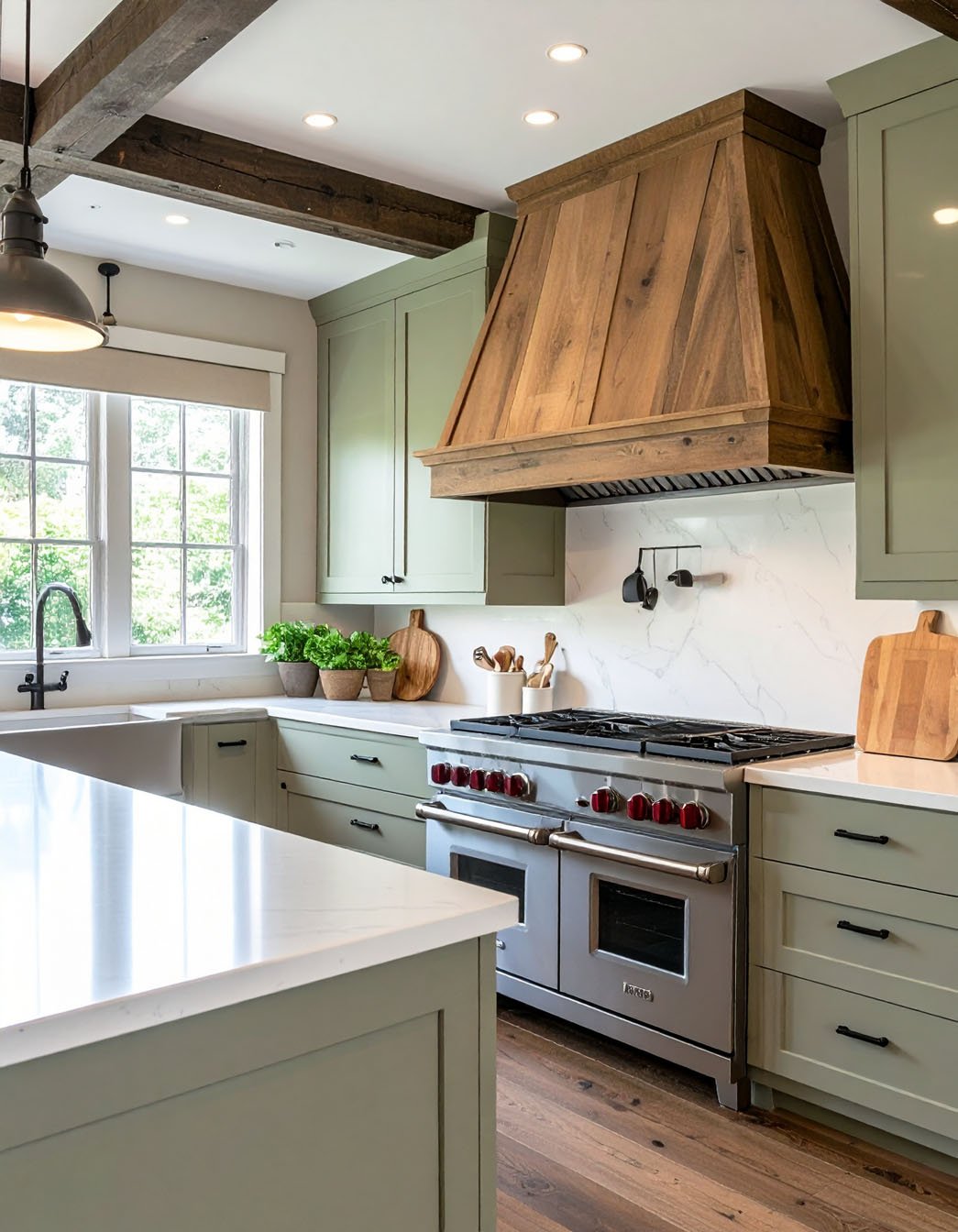 Cuisine vert sauge avec hotte en bois, poutres apparentes et piano de cuisson inox