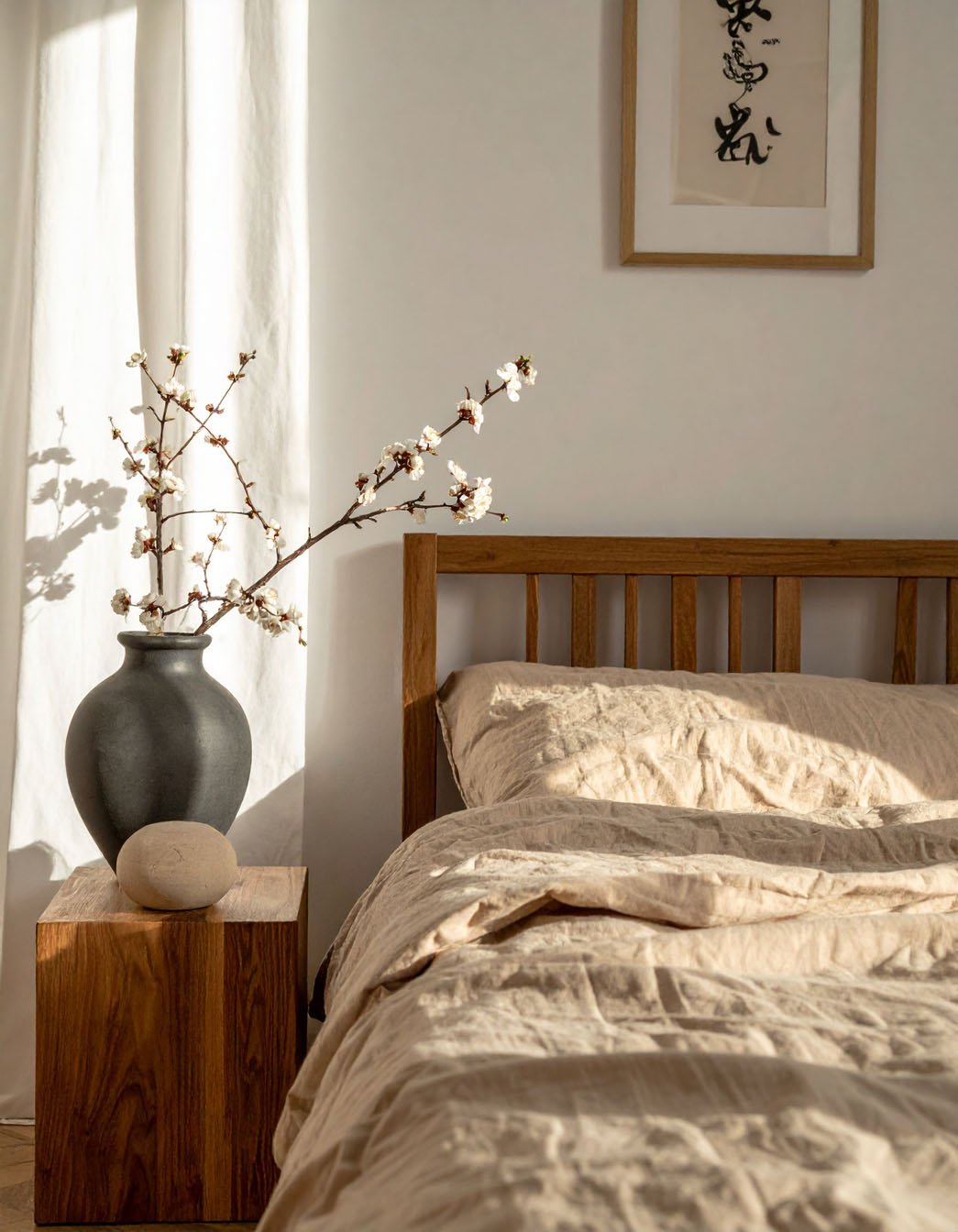 Chambre minimaliste avec lit en bois, literie beige et branche de cerisier en fleurs dans un vase