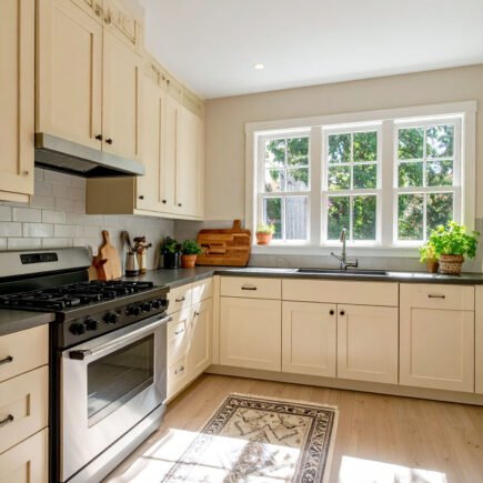 Cuisine avec meubles couleur crème, plan de travail foncé et tapis à motifs