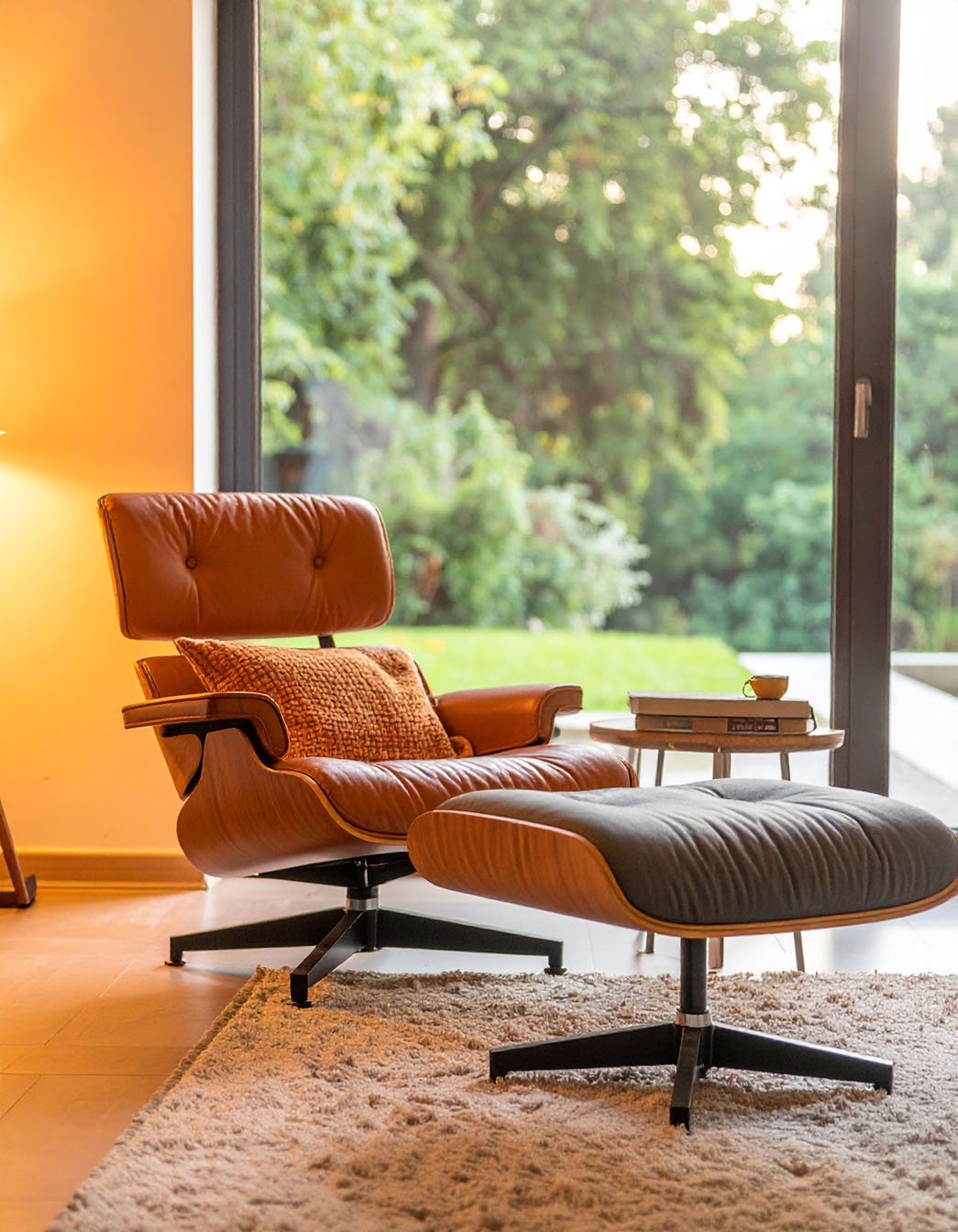 Fauteuil Eames en cuir marron avec ottoman devant une baie vitrée donnant sur un jardin