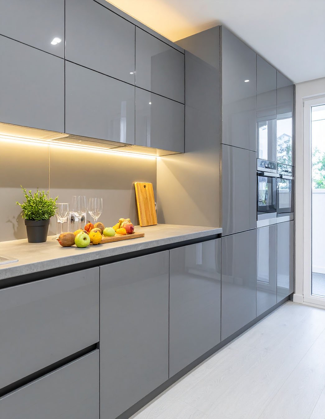 Cuisine avec meubles gris laqué, plan de travail gris clair et éclairage sous les meubles hauts