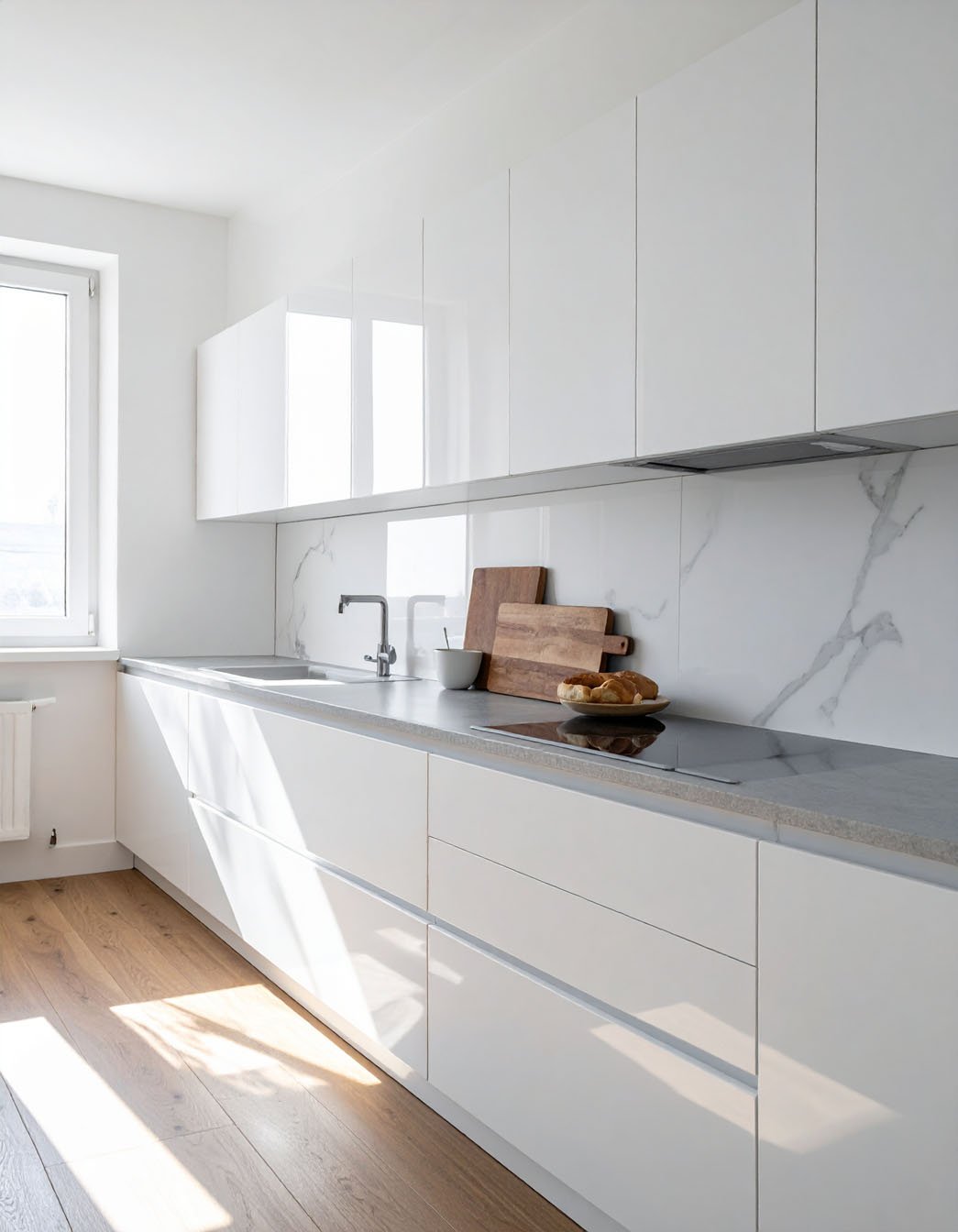 Cuisine minimaliste blanche avec plan de travail gris clair et parquet ensoleillé