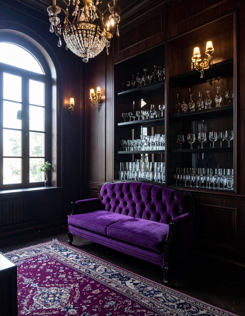 Salon sombre avec canapé en velours violet, grande étagère à verres et lustre en cristal
