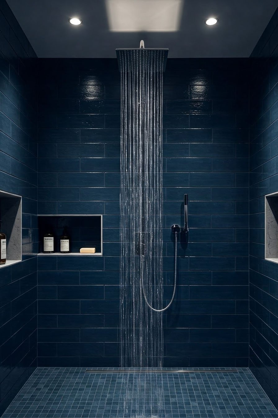 Douche moderne avec carrelage bleu foncé et niches murales éclairées