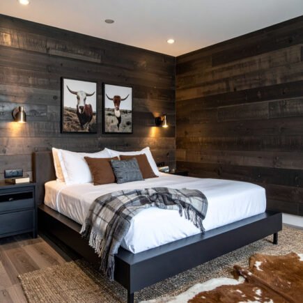 Chambre avec lit en bois, murs en planches de bois et tapis à motifs