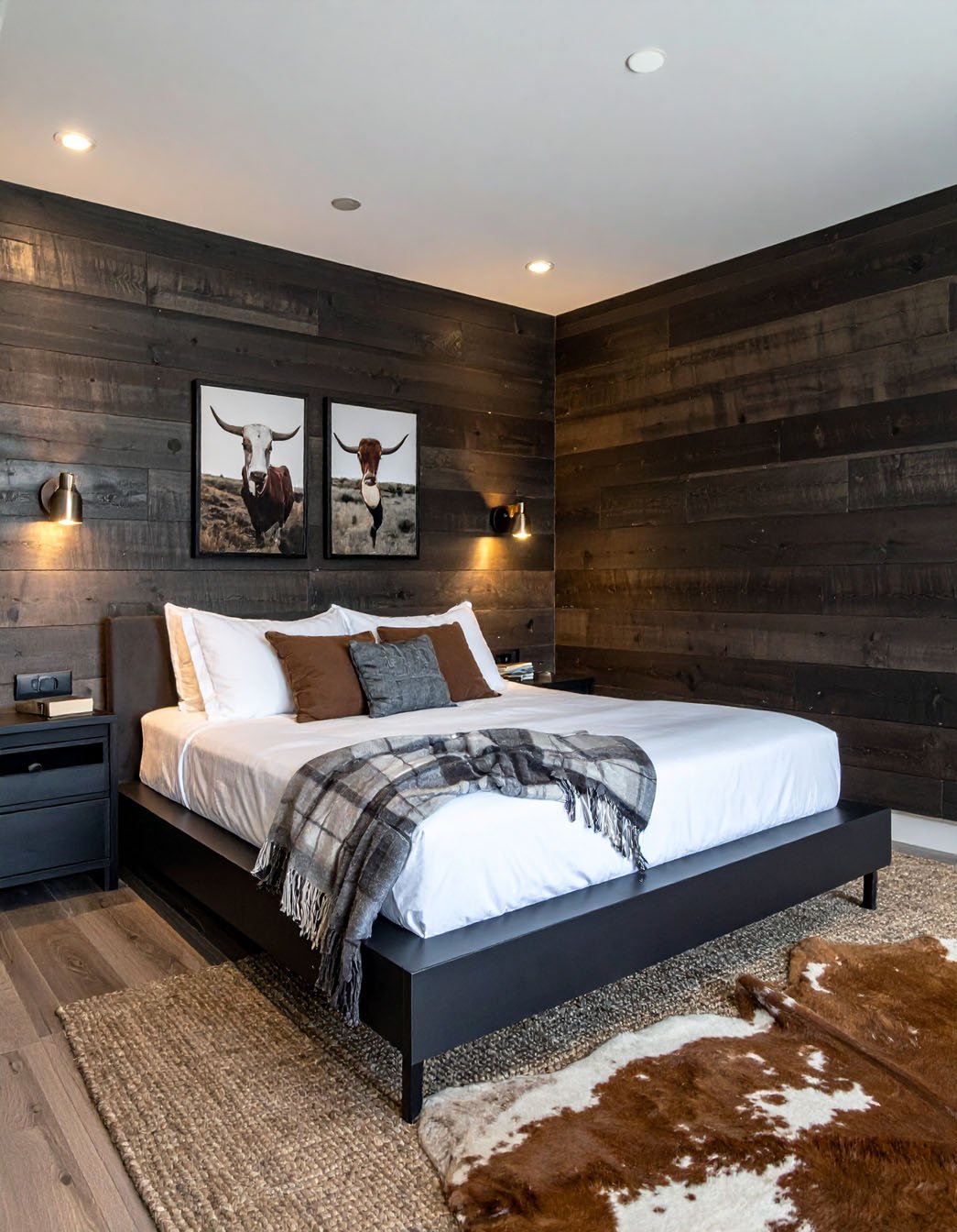 Chambre avec lit en bois, murs en planches de bois et tapis à motifs