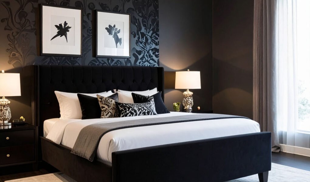 Chambre sombre et luxueuse avec lit noir, papier peint à motifs et lustre imposant