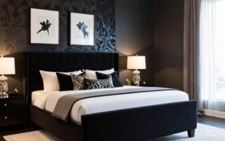 Chambre sombre et luxueuse avec lit noir, papier peint à motifs et lustre imposant