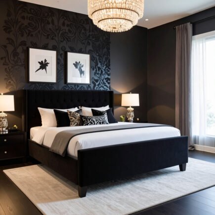 Chambre sombre et luxueuse avec lit noir, papier peint à motifs et lustre imposant
