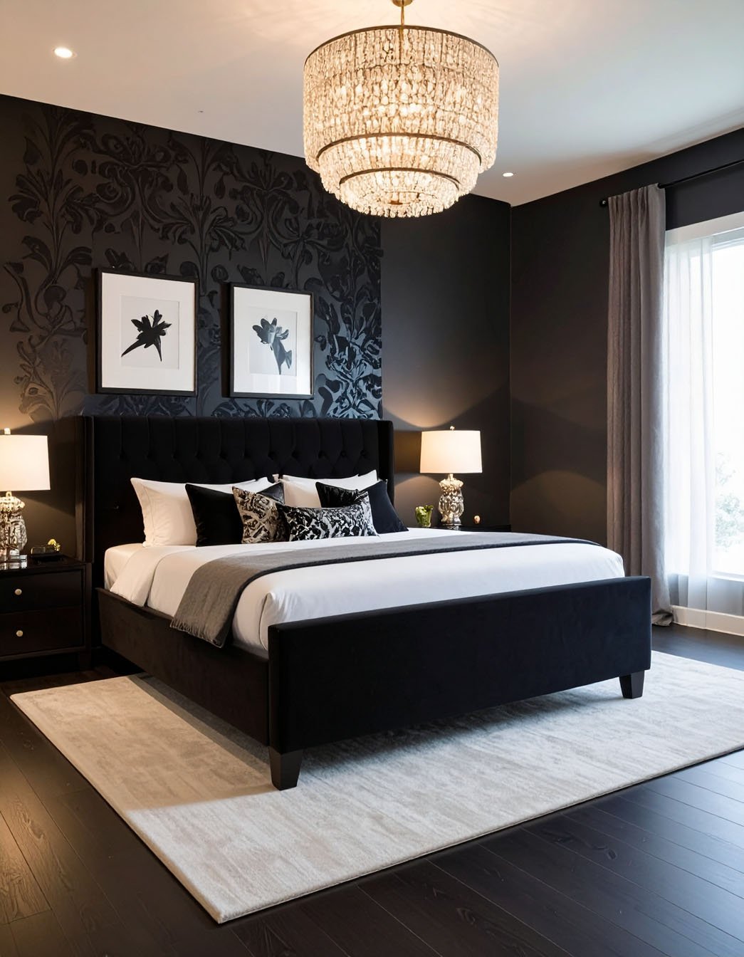 Chambre sombre et luxueuse avec lit noir, papier peint à motifs et lustre imposant