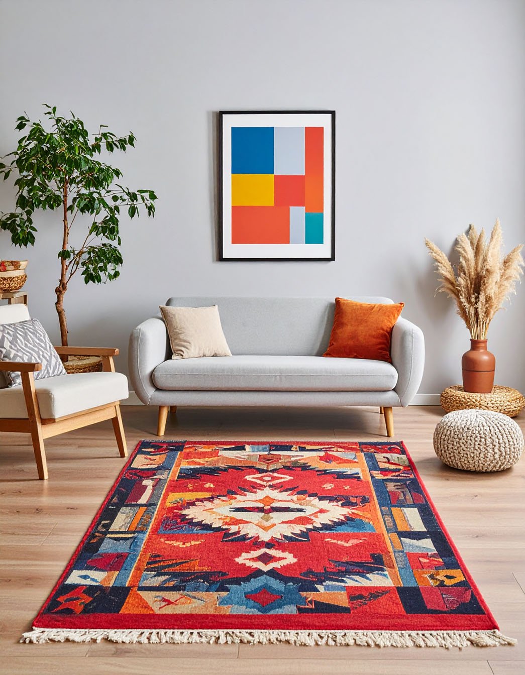 Salon avec canapé gris, fauteuil en bois, tapis kilim coloré et tableau abstrait