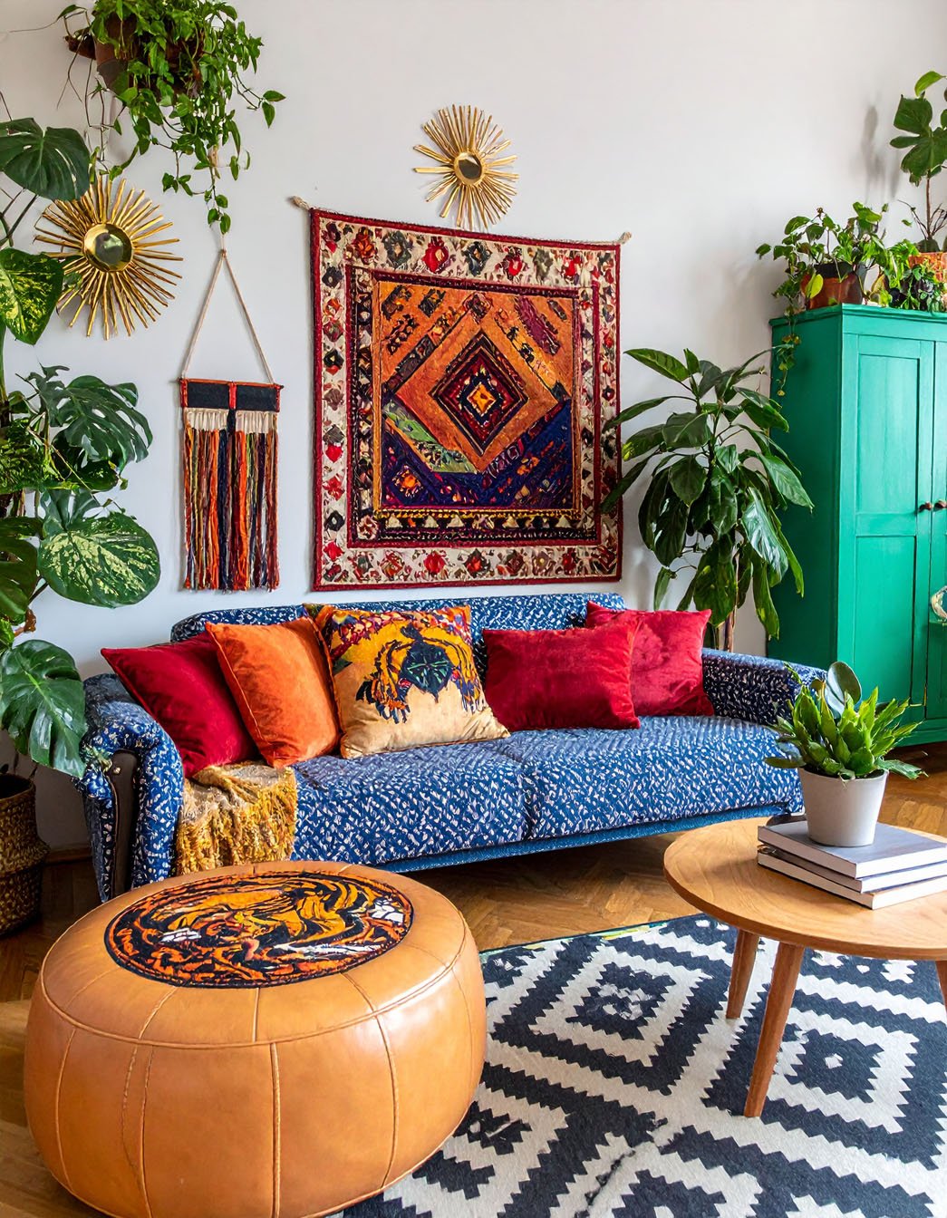 Salon bohème avec canapé bleu à motifs, pouf en cuir, tenture murale et nombreuses plantes