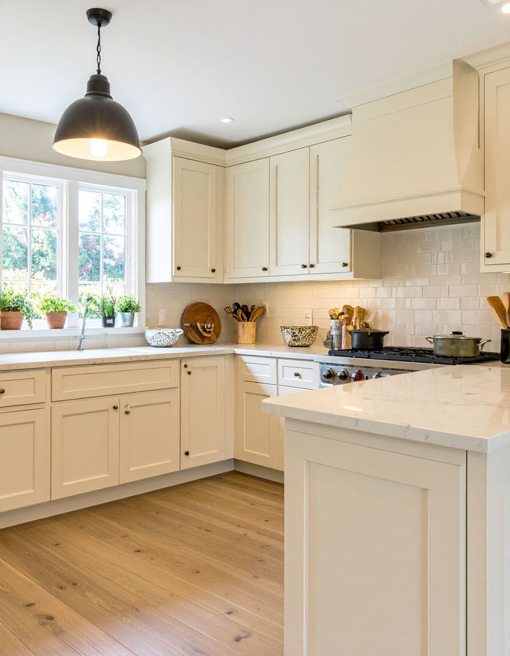 Cuisine lumineuse avec meubles blanc cassé, parquet clair et suspension noire