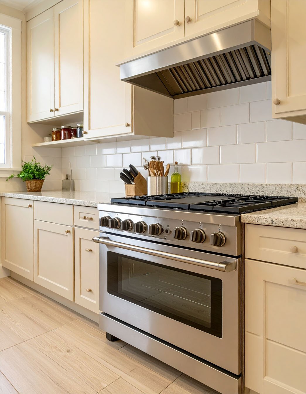 Cuisine avec meubles blanc cassé, crédence en carrelage métro et piano de cuisson inox