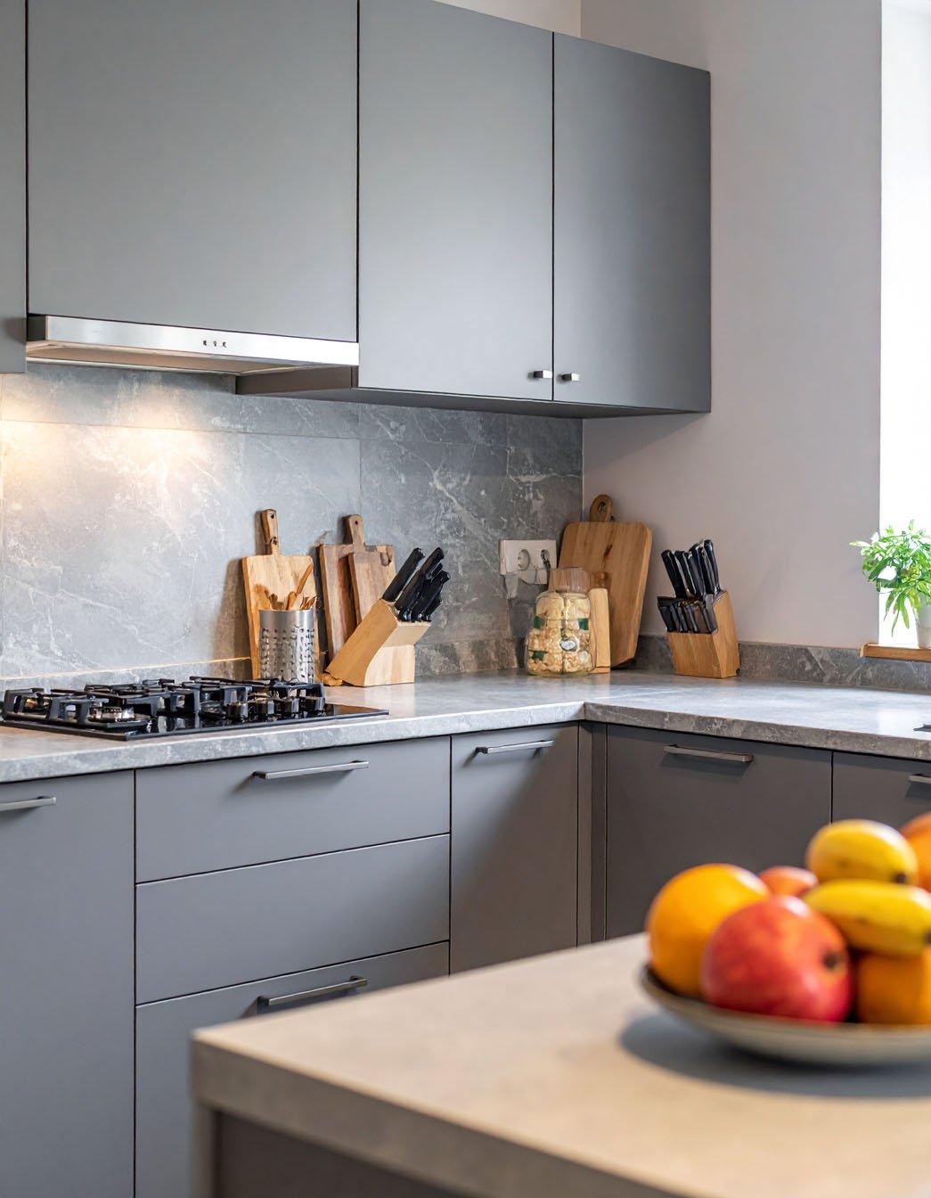 Cuisine fonctionnelle avec meubles gris mat, crédence effet pierre et planches à découper