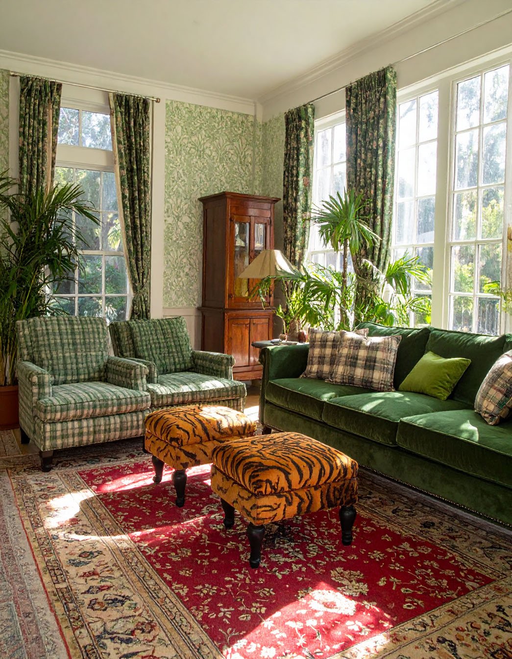 Salon de style traditionnel avec canapé en velours vert, fauteuils à carreaux et poufs à motif tigre