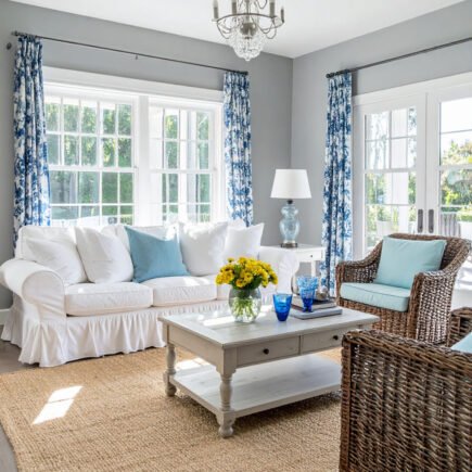 Salon lumineux avec canapé blanc, fauteuils en rotin et rideaux à motifs bleus et blancs