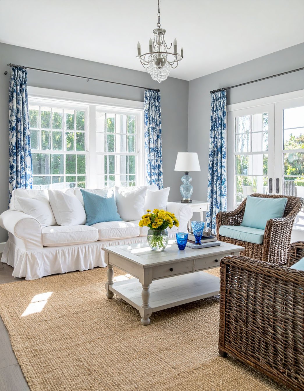 Salon lumineux avec canapé blanc, fauteuils en rotin et rideaux à motifs bleus et blancs