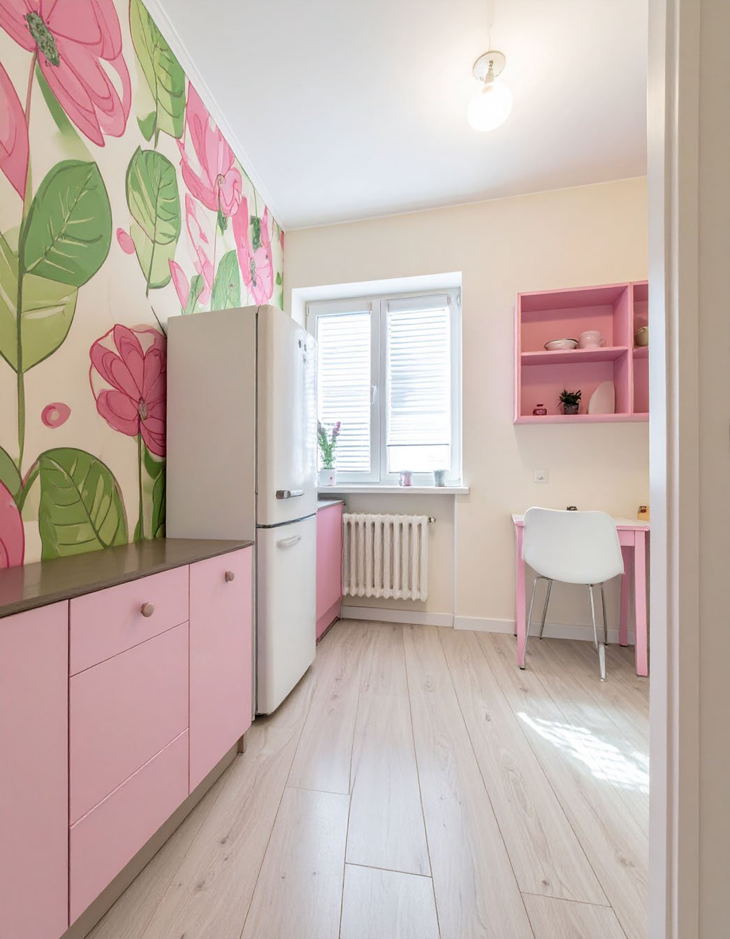Petite cuisine avec meubles bas roses, papier peint floral et bureau d'angle rose