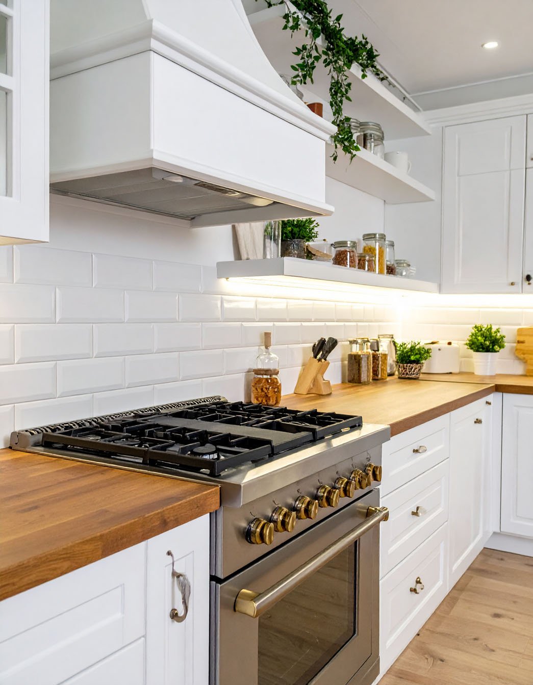 Cuisine blanche avec plans de travail en bois, crédence en carrelage métro et piano de cuisson