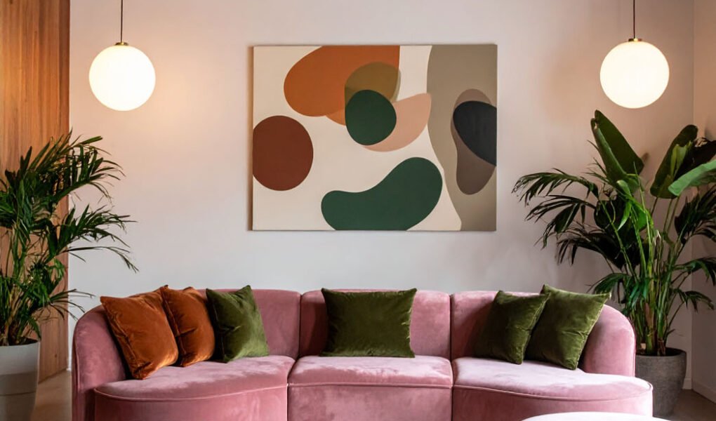 Salon moderne avec canapé modulable rose poudré, poufs assortis et tableau abstrait