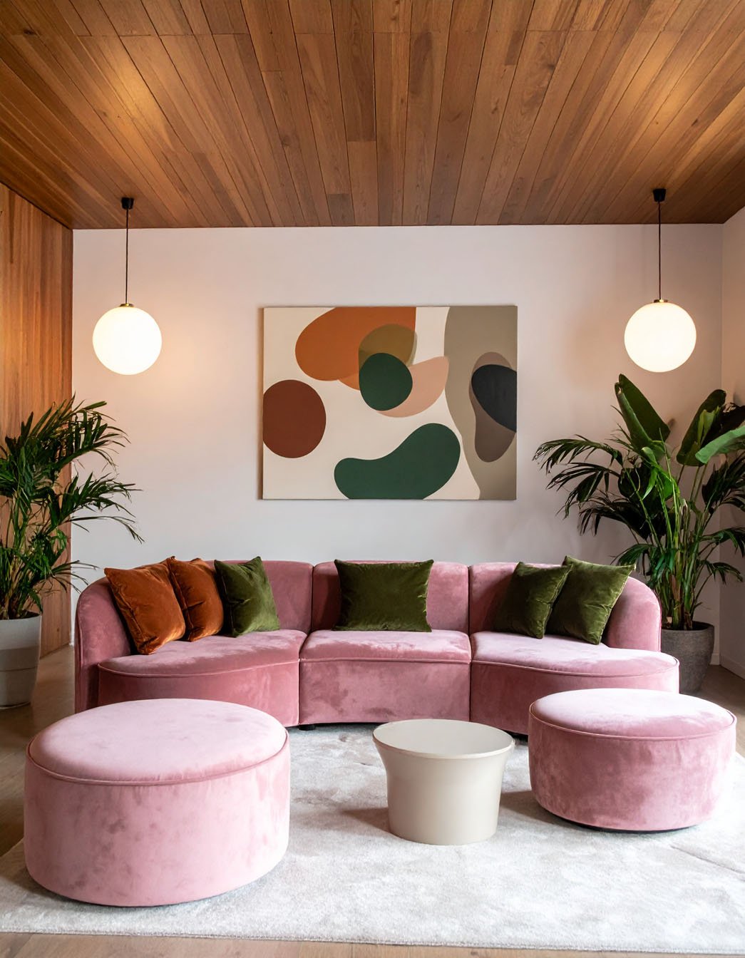Salon moderne avec canapé modulable rose poudré, poufs assortis et tableau abstrait
