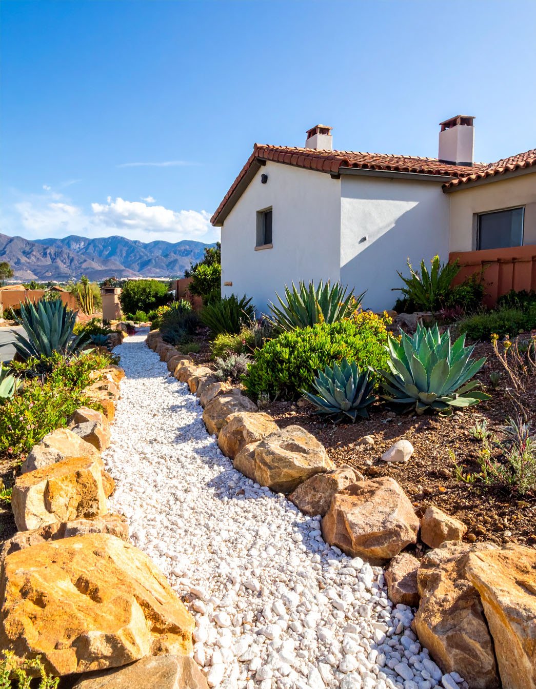Jardin sec avec chemin de gravier blanc, grosses roches et agaves devant une maison blanche