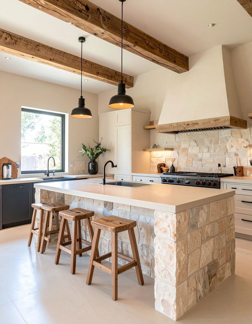 Cuisine avec îlot en pierres apparentes, tabourets en bois et suspensions noires industrielles