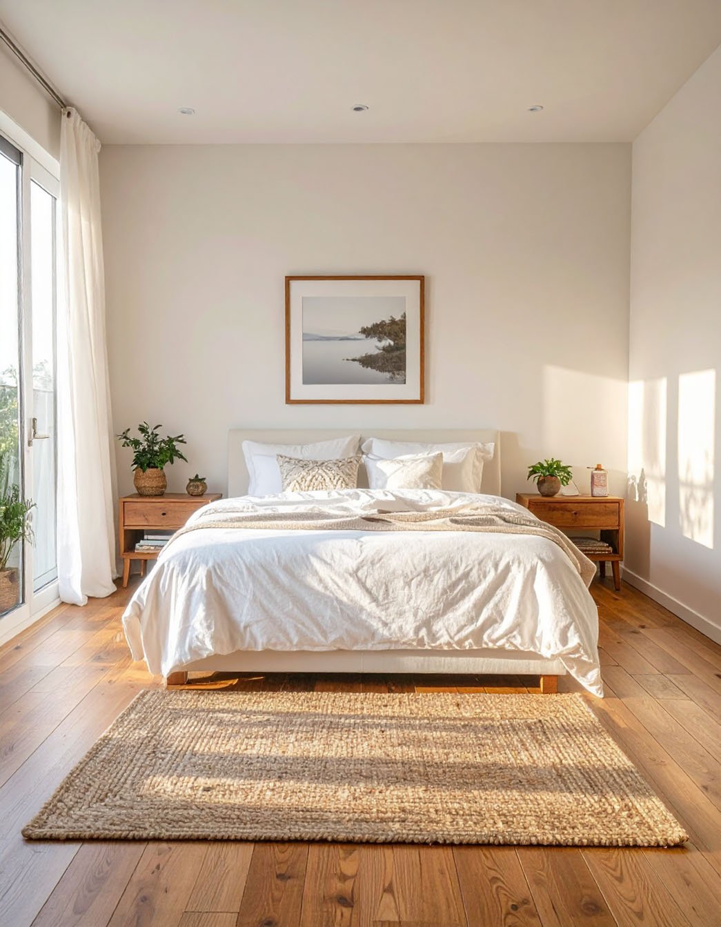 Chambre minimaliste avec lit blanc, tapis en jute et grande baie vitrée ensoleillée
