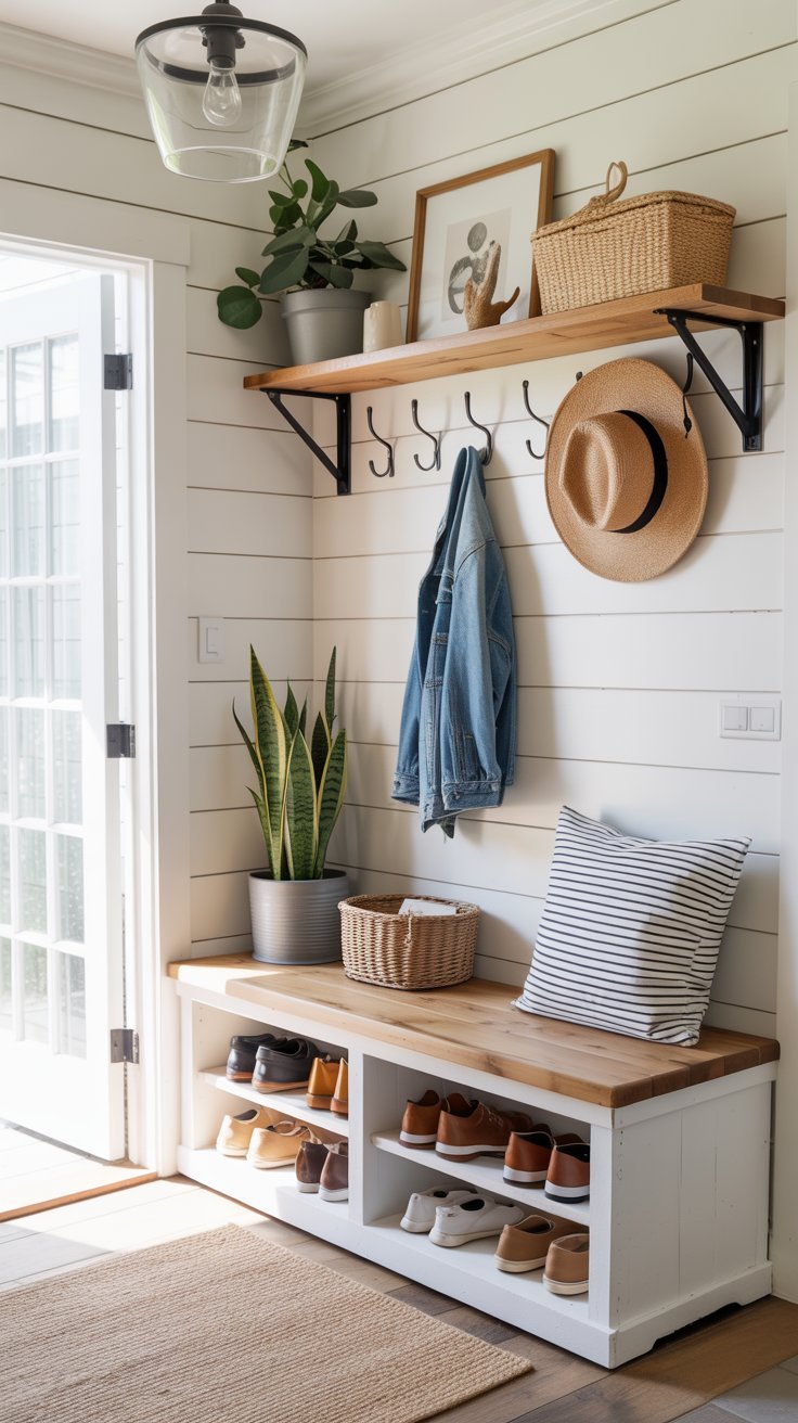Banc entrée blanc et bois avec rangement à chaussures et patères