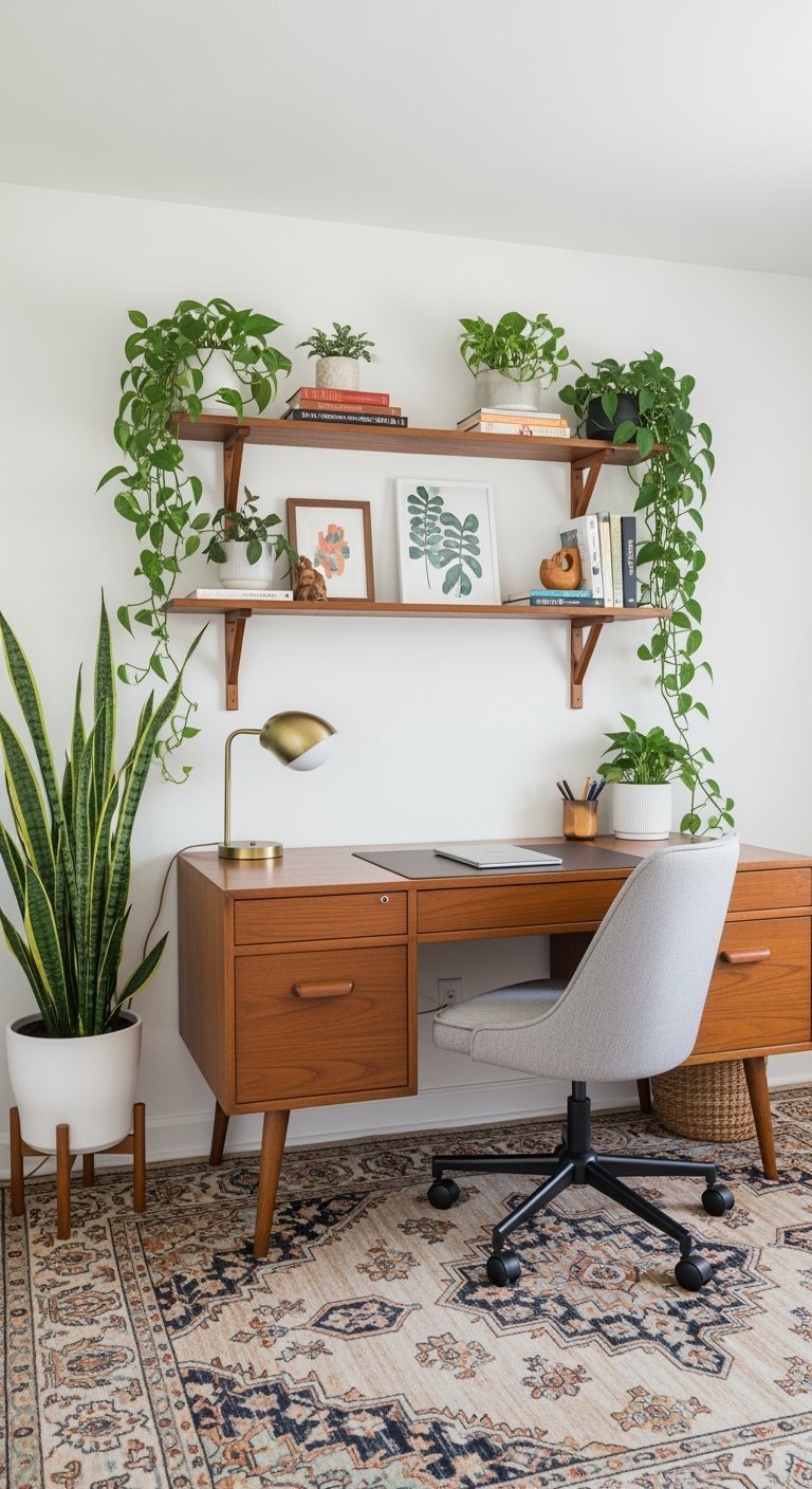 Bureau en bois de style mid century avec beaucoup de plantes vertes