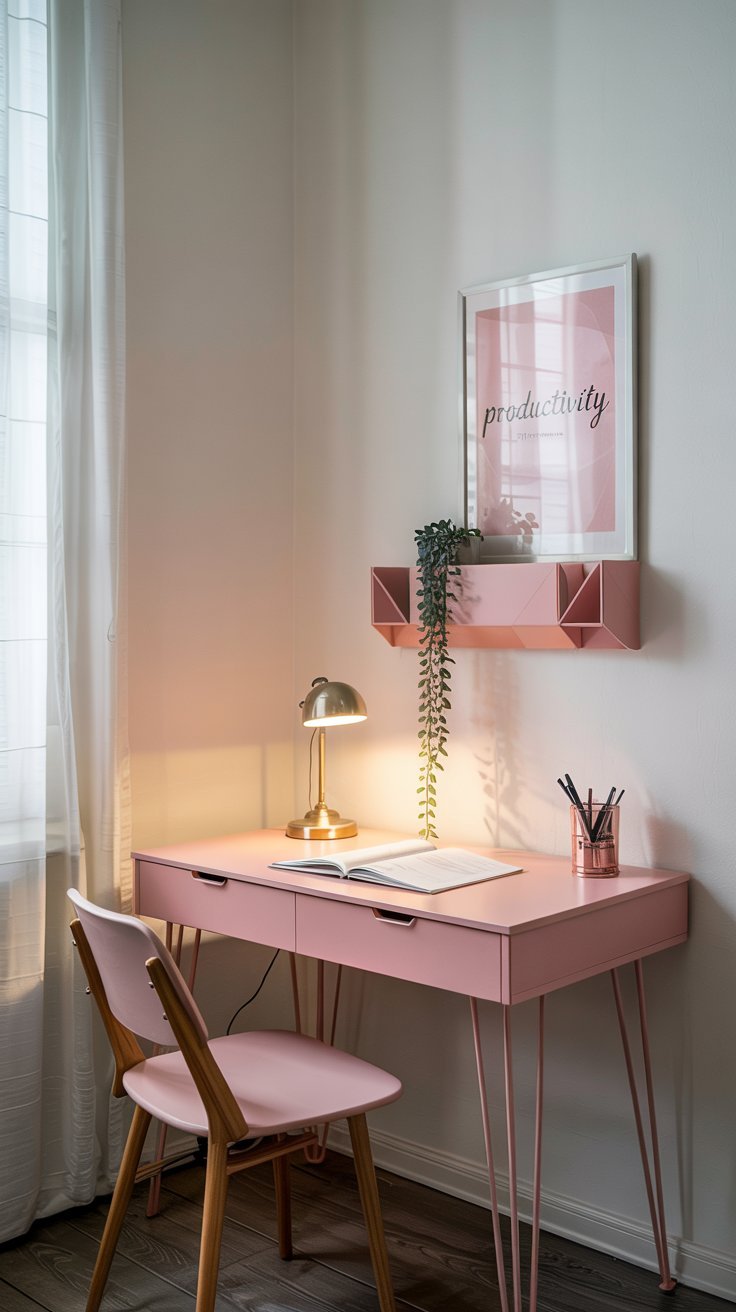 Bureau rose poudré avec pieds épingle et lampe dorée