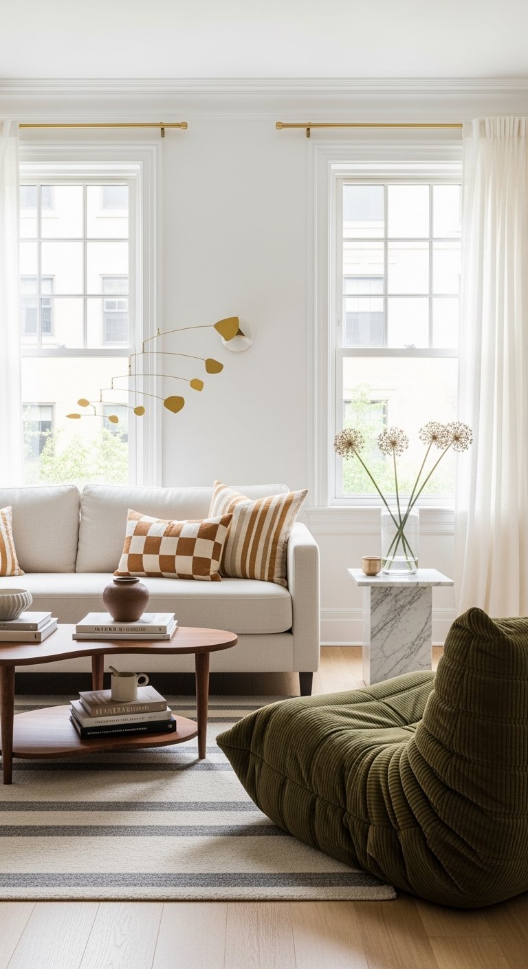 Canapé blanc avec fauteuil vert olive dans un salon moderne