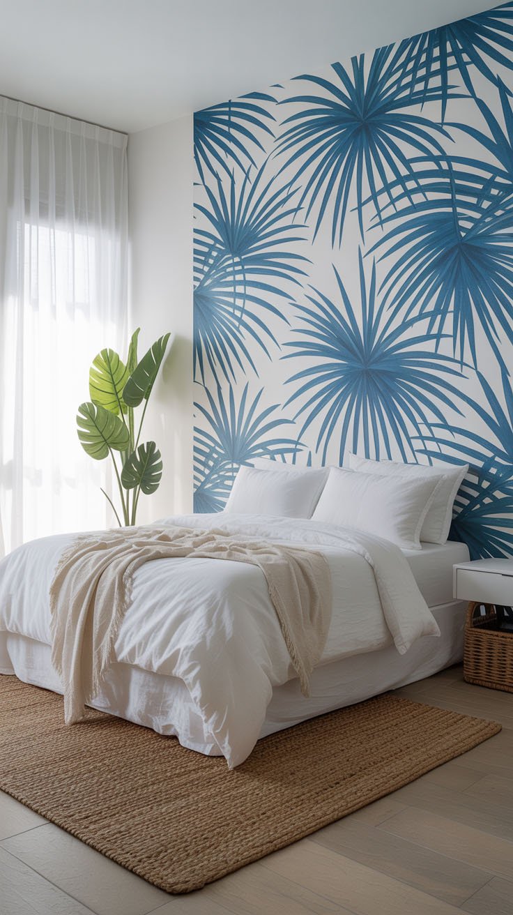 Chambre avec papier peint tropical bleu et tapis en jute