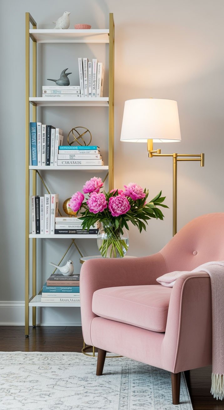 Fauteuil rose velours à côté d'une étagère moderne dorée