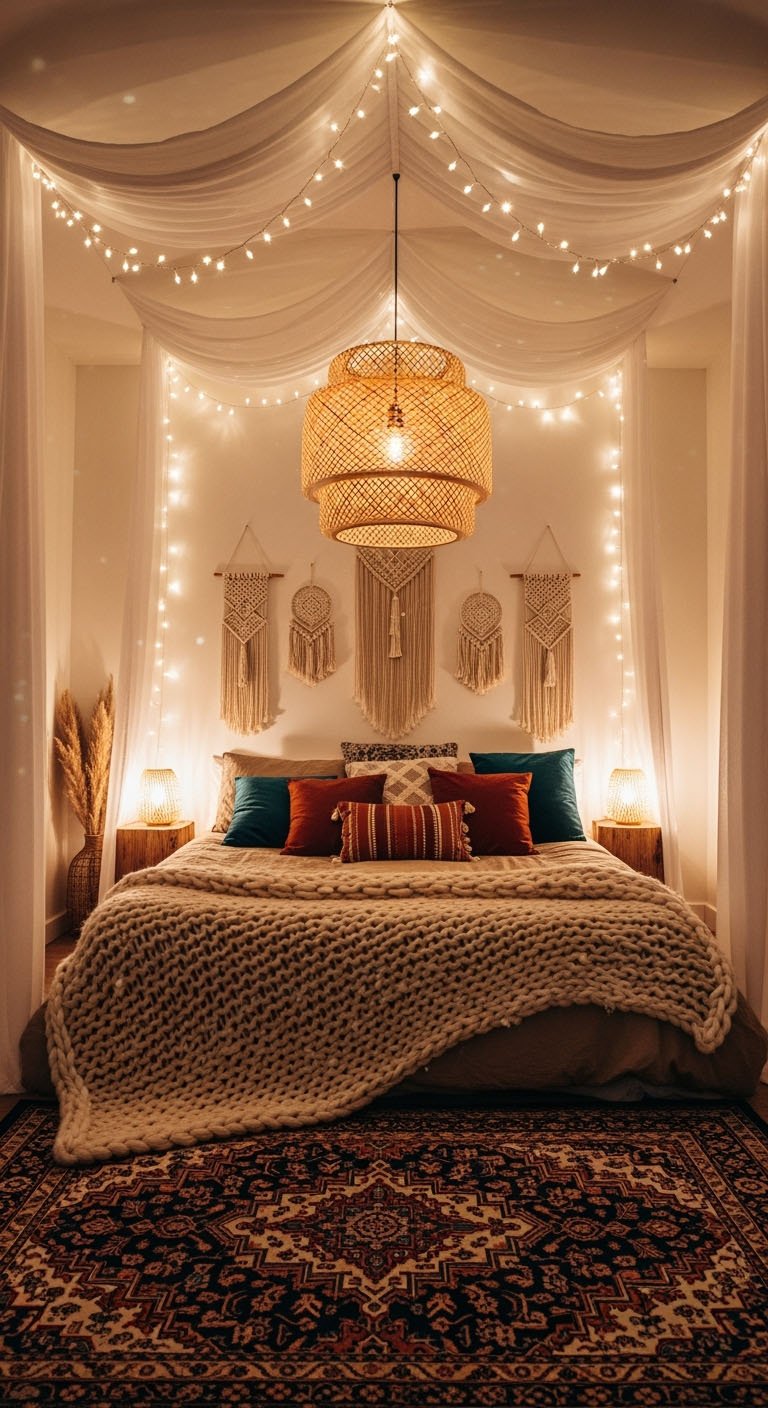 Lit avec baldaquin de fées et lustre en rotin